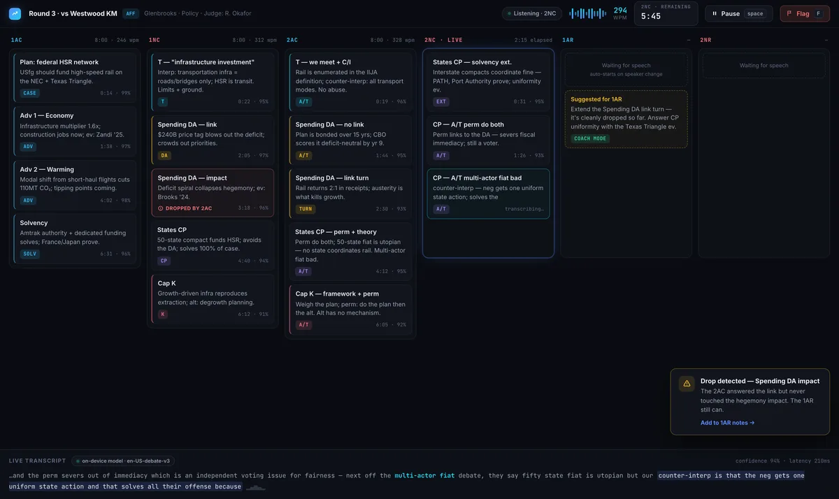 Student project: FlowState, a live debate-round tracker with columns of arguments, timers, and a real-time transcript.
