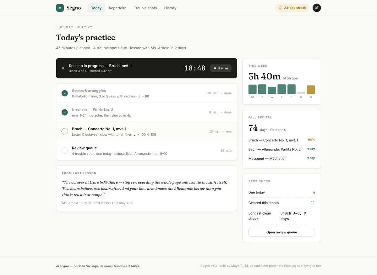 Student project: Segno, a music-practice planner showing today's session, a weekly time goal, and a review queue.